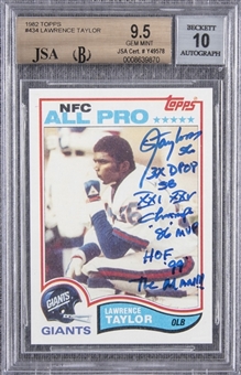 1982 Topps #434 Lawrence Taylor Signed and Inscribed Rookie Card - BGS GEM MINT 9.5/BGS 10